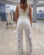 Guipure Lace Spliced High Waist Zipper Fly Wide Leg Washed Jeans
