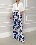 2 Pieces Outfit Ruched Overlap V Neck Three Quarters Sleeve Stretchy Back Hem Crop Blouse and Casual Vintage Floral Print High Waist Elastic Back Waist Wide Leg Pants Set