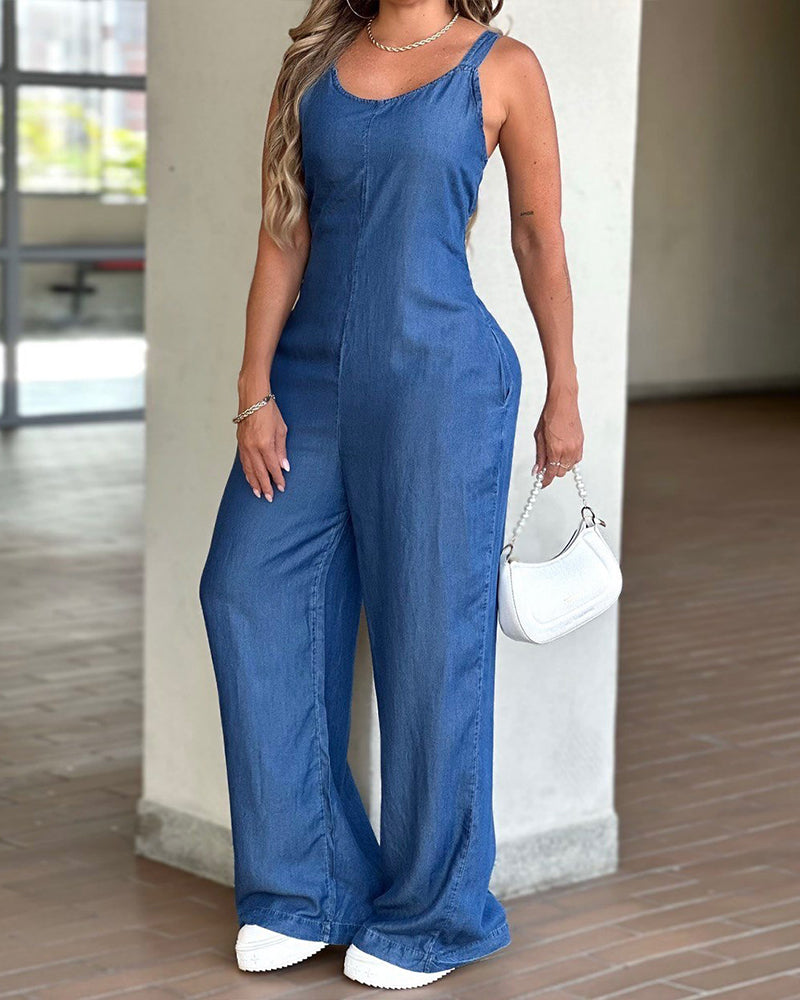 V-Neck Adjustable Thick Straps Denim Overalls Casual Shirred Back Wide Leg Suspender Jumpsuit
