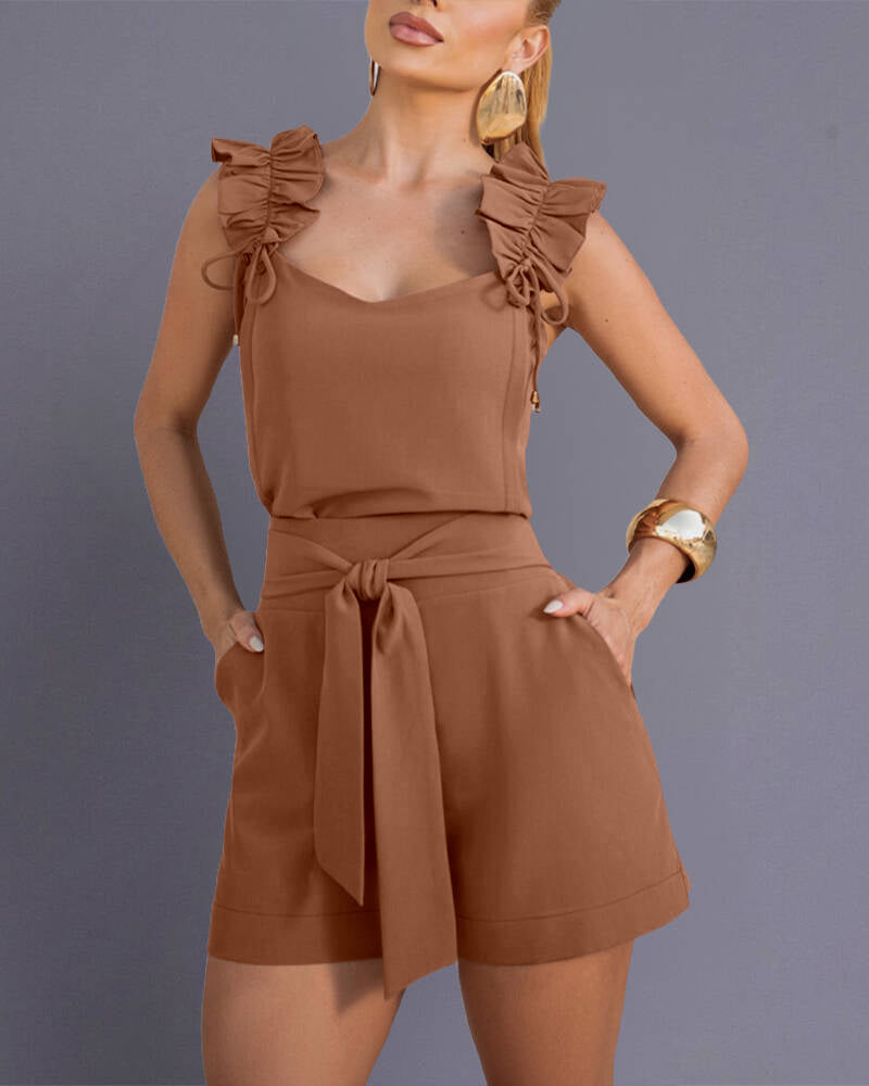 CHICME Women's 2 Piece Shorts Set Ruffle Strap Sleeveless Top and High Waisted Shorts with Pockets