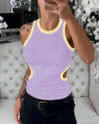 Women's Ribbed Contrast Trim Tank Top Sleeveless Crew Neck Cutout Slim Fit Stretch Casual Top