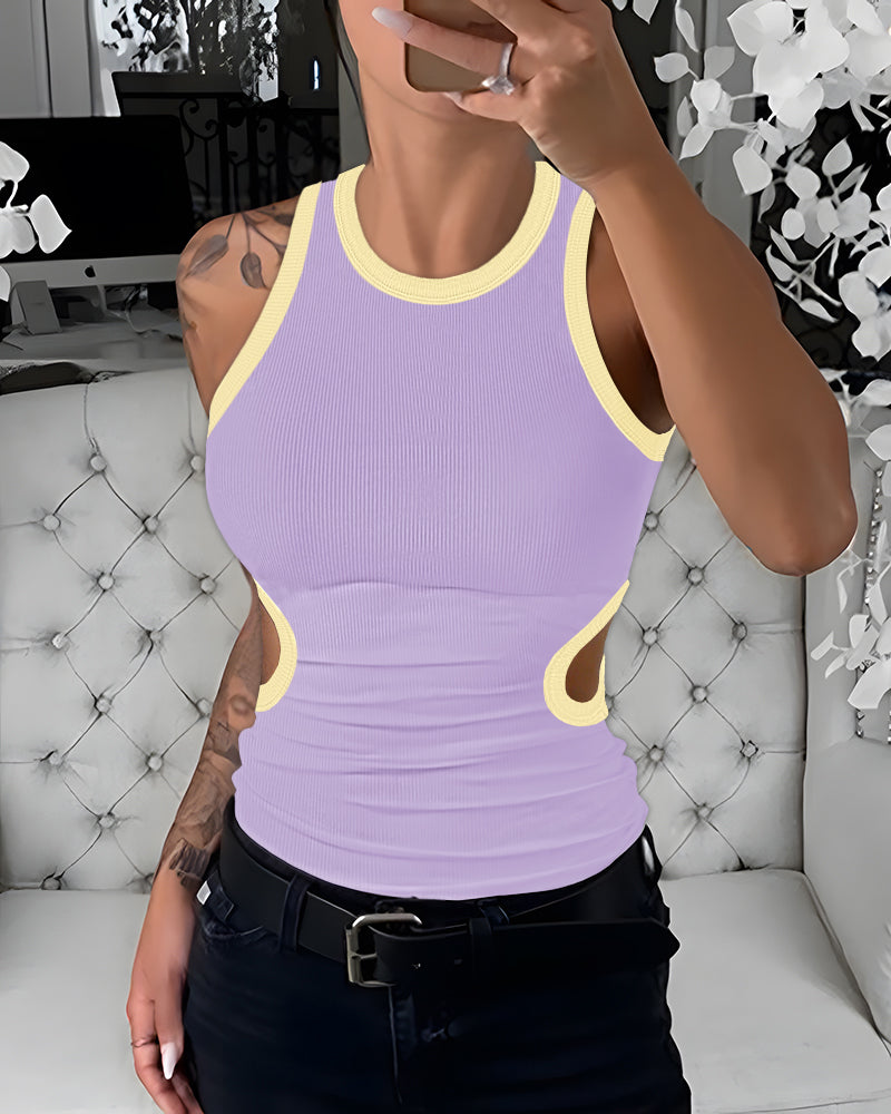 Women's Ribbed Contrast Trim Tank Top Sleeveless Crew Neck Cutout Slim Fit Stretch Casual Top