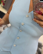 2 Pieces Outfit Plain Sleeveless V-Neck Tank with Button Details and Casual Wide Leg Pants Set