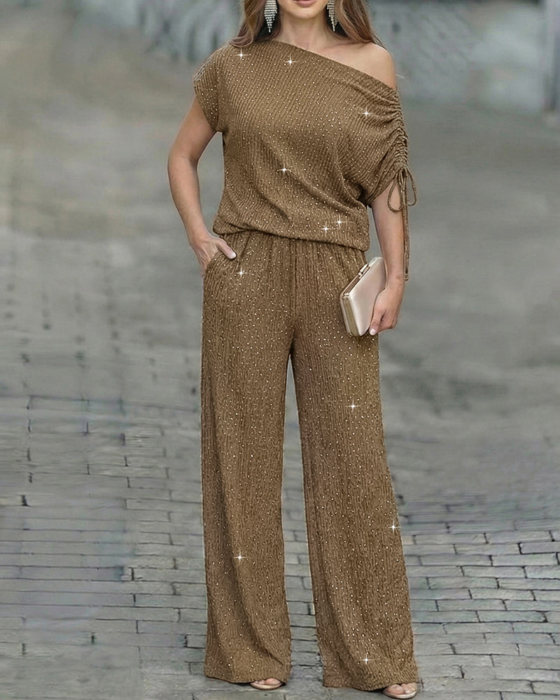 Women's Two-Piece Rhinestone Lounge Suit Skew Neck Top and Wide-Leg Pant Set Elegant Commuter Outfit with Pockets