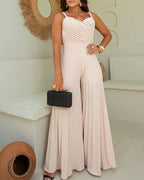 Pleated Design V Neck Adjustable Spaghetti Straps Cinched Waist Overalls Casual Pleated Flared Jumpsuit