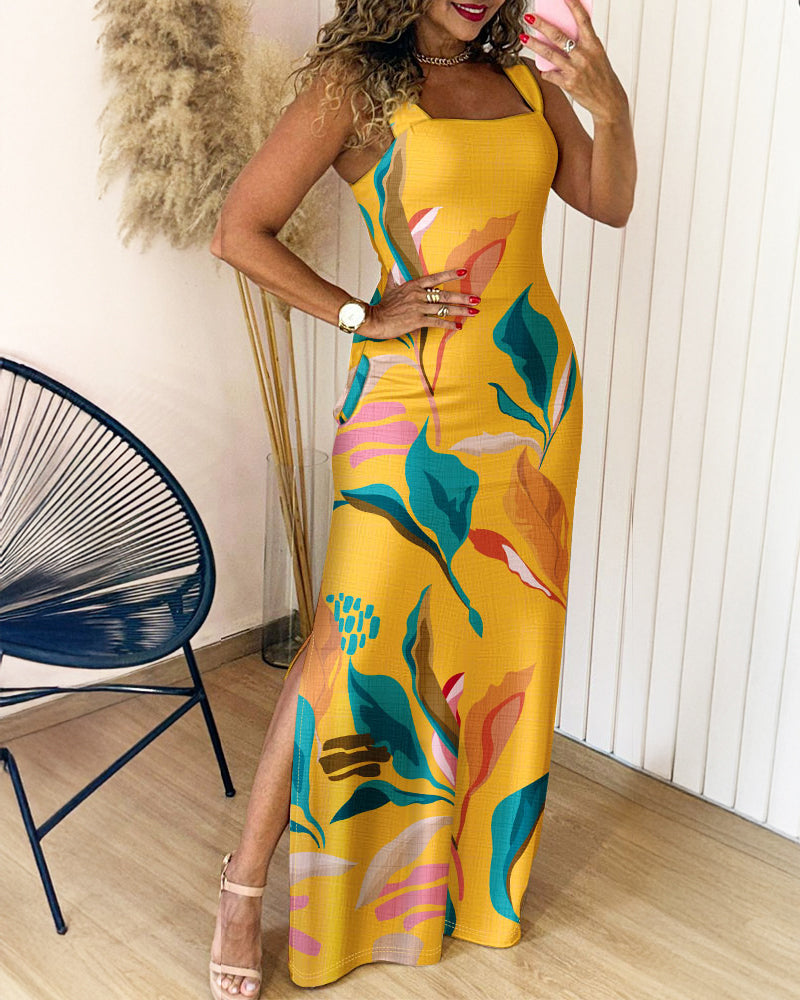 Plants Placement Print Square Neck Thick Strap Side Slit Maxi Dress Casual Vacation Dress with Pockets