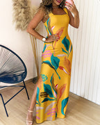 Plants Placement Print Square Neck Thick Strap Side Slit Maxi Dress Casual Vacation Dress with Pockets