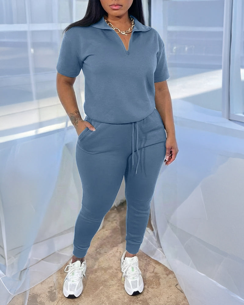 Women's 2-Piece Sporty Set Short Sleeve Half Zip Top and High Waisted Joggers Casual Lounge Outfit with Pockets