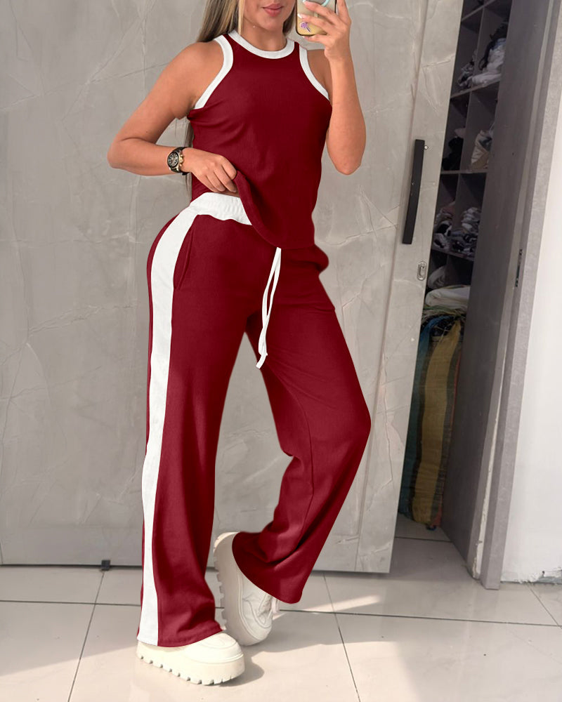 Women's Contrast Binding Knit Set Halter Tank Top and Wide Leg Pants 2 Piece Tracksuit Ribbed Loungewear