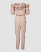 Frill Trim Off Shoulder Short Sleeve Tie Waist Overalls Casual Textured Jumpsuit