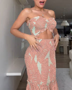 Tropical Print Halter Tie Shirred Frill Trim Cinched Waist Vacation Dress Ruched Cutout Front Slim Fit Ruffle Hem Mermaid Dress