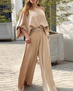 2 Pieces Outfit Turn-down Coll  Long Sleeve Button Front Satin  Shirt and Casual Vintage Floral  Print Elastic Back Waist Wide Leg  Pants Set without Belt