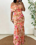 Women's Foldover Off Shoulder Mermaid Dress Ruched Bodycon Leopard Floral Maxi Dress Sexy Tropical Vacation Dress