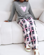 2 Pieces Outfit Good Night Slogan Print Long Sleeve Top and Plaid Print Elastic Waist Pants Set Casual Heart Print Pajamas Set