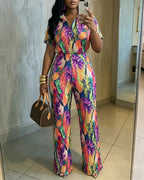 Women's Tropical Print Pleated Two-Piece Set Short Sleeve Button-Down Shirt and High-Waist Wide-Leg Pants Casual Vacation Outfit
