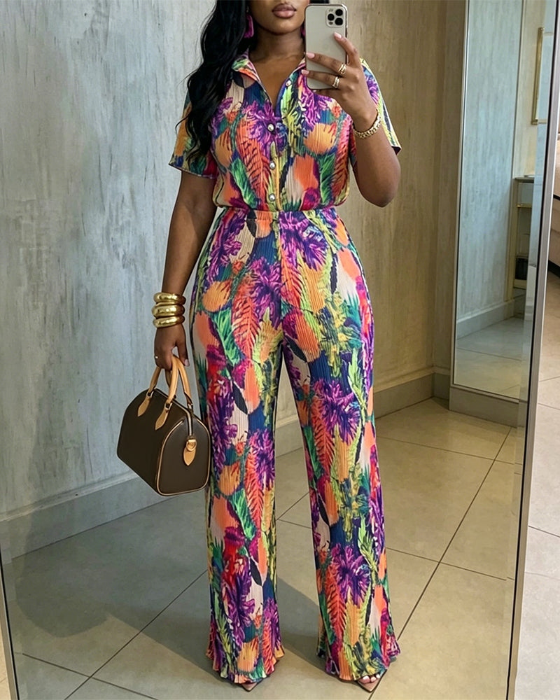 Women's Tropical Print Pleated Two-Piece Set Short Sleeve Button-Down Shirt and High-Waist Wide-Leg Pants Casual Vacation Outfit