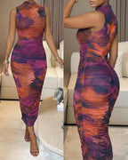 Women's Tie-Dye Mock Neck Sleeveless Ruched Bodycon Dress Sheer Mesh Party Dress with Lining