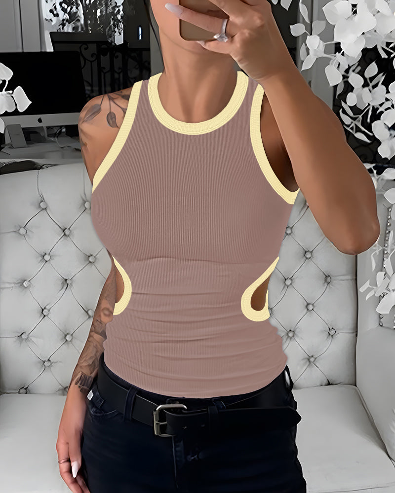 Women's Ribbed Contrast Trim Tank Top Sleeveless Crew Neck Cutout Slim Fit Stretch Casual Top