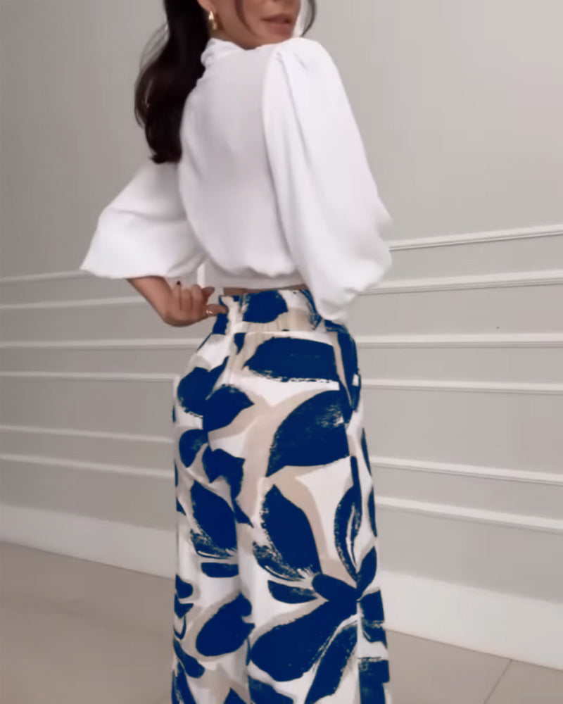 2 Pieces Outfit Ruched Overlap V Neck Three Quarters Sleeve Stretchy Back Hem Crop Blouse and Casual Vintage Floral Print High Waist Elastic Back Waist Wide Leg Pants Set