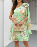 CHICME Women's Floral Print One-Shoulder Chiffon Dress 3D Floral Decor Split Sleeve Loose A-Line Mini Dress