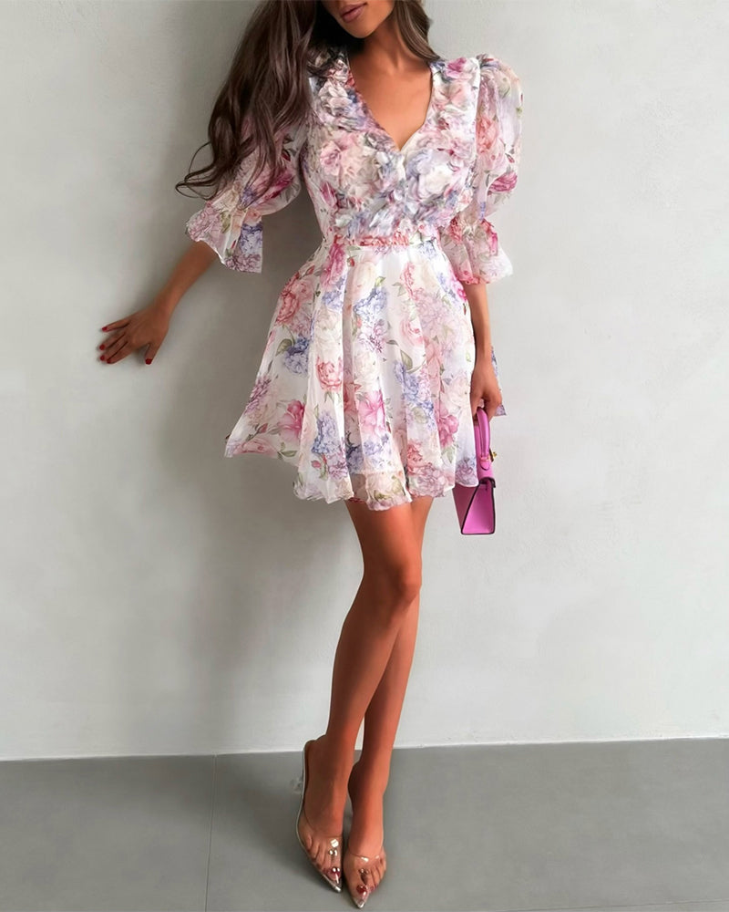 Women's 3D Floral Decor Chiffon Mini Dress Floral Print V Neck Puff Sleeve A-Line Vacation Dress