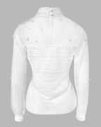Pearls Decor Mock Neck Sheer Mesh Spliced Ruched Tee Hollow-out Back Slim Fit Textured Top