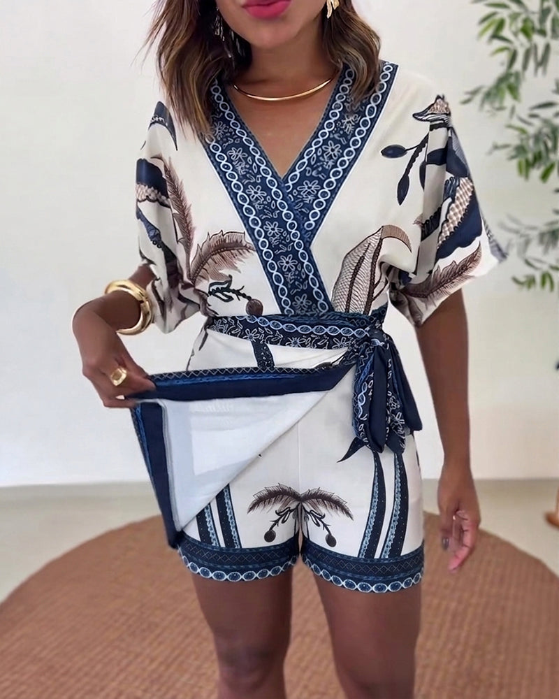 Women's Tropical Print Romper V Neck Wrap Knot Side Jumpsuit Half Sleeve Beach Vacation Summer Skorts Romper