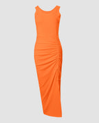 Side Slit Drawstring Ruched Bodycon Casual Sun Maxi Dresses Sleeveless Ribbed Tank Dress