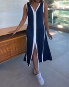 Colorblock Spliced Deep V-Neck Sleeveless Slit Front Dress Casual Loose Fit A Line Dress