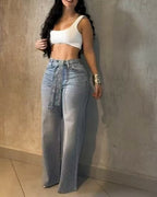 Allover Rhinestone Decor High Waist Zipper Fly Jeans Casual Flared Denim Pants with Rhinestone Decor Belt