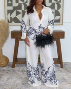 2 Pieces Outfit Turn-down Collar Long Sleeve Button Front Shirt and Wide Leg Pants Set Elegant Floral Placement Print Commuting Set