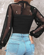 Pearls Decor Mock Neck Sheer Mesh Spliced Ruched Tee Hollow-out Back Slim Fit Textured Top