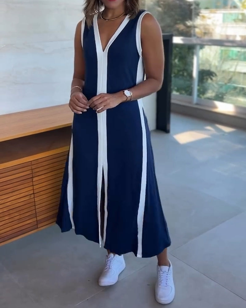 Colorblock Spliced Deep V-Neck Sleeveless Slit Front Dress Casual Loose Fit A Line Dress