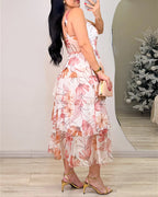 CHICME Women's Floral Print Mesh Tiered Maxi Dress High Waist Ruffle Hem Camisole Dress Sleeveless Sweetheart Neck Vacation Sundress