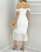 Women's Off Shoulder Mesh Dress Pearl Strap Ruched Bodycon Dress Ruffle Hem Slit Evening Party Dress