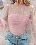 Pearls Decor Mock Neck Sheer Mesh Spliced Ruched Tee Hollow-out Back Slim Fit Textured Top