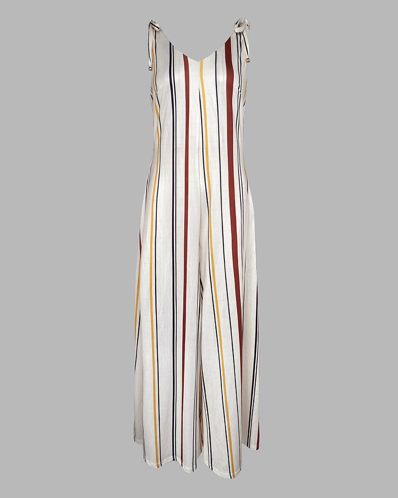 Striped V Neck Sleeveless Zipper Back Overalls Casual Shoulder Tied Wide Leg Jumpsuit With Pockets