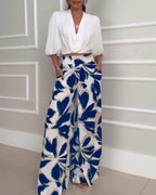 2 Pieces Outfit Ruched Overlap V Neck Three Quarters Sleeve Stretchy Back Hem Crop Blouse and Casual Vintage Floral Print High Waist Elastic Back Waist Wide Leg Pants Set