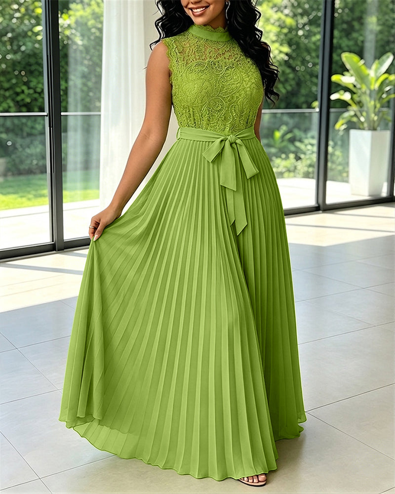 Mock Neck Sleeveless high Waist Pleated Maxi Dress Elegant Lace & Braided Spliced Zipper Back Evening Dress with Belt