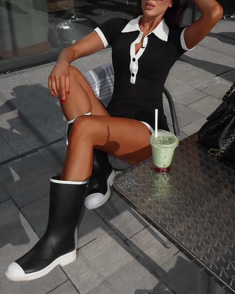 Women's Contrast Binding Polo Romper Slim Fit Half ButtonJumpsuit Short Sleeve Rib-Knit Romper