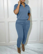 Women's 2-Piece Sporty Set Short Sleeve Half Zip Top and High Waisted Joggers Casual Lounge Outfit with Pockets