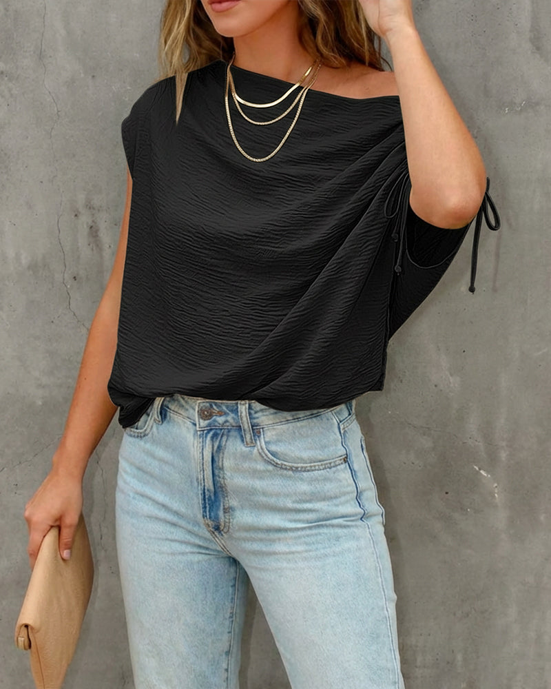 Skew Neck Drawstring Sleeve Loose Fit Casual Top