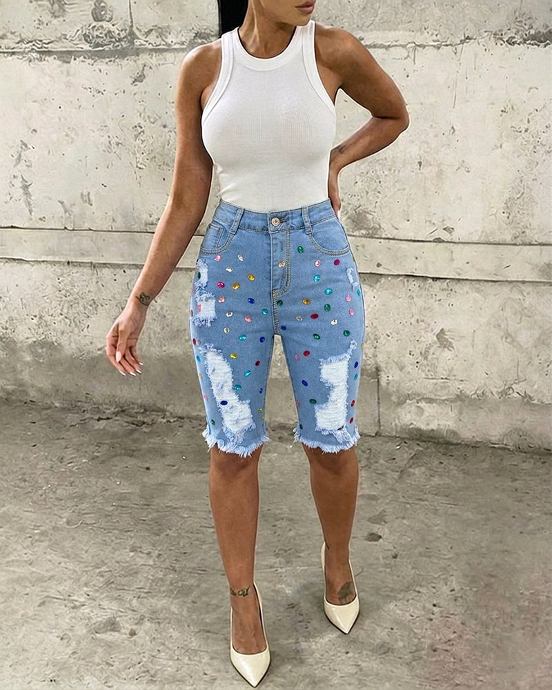 Women's Colorful Rhinestone Ripped Denim Shorts High Waisted Raw Hem Y2K Washed Jean Shorts