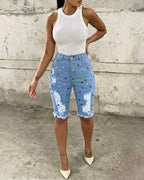 Women's Colorful Rhinestone Ripped Denim Shorts High Waisted Raw Hem Y2K Washed Jean Shorts