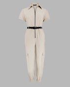 Turn-down Collar Short Sleeve Zipper Front Cuffed Short Jumpsuit Casual Pocket Design Cargo Romper with Belt
