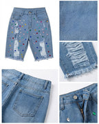 Women's Colorful Rhinestone Ripped Denim Shorts High Waisted Raw Hem Y2K Washed Jean Shorts