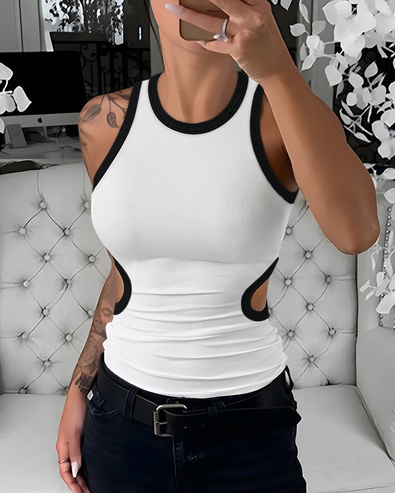 Women's Ribbed Contrast Trim Tank Top Sleeveless Crew Neck Cutout Slim Fit Stretch Casual Top