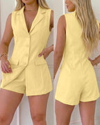 Women's Sleeveless Blazer Skort Romper Button Down Lapel Collar Flap Detail Jumpsuit