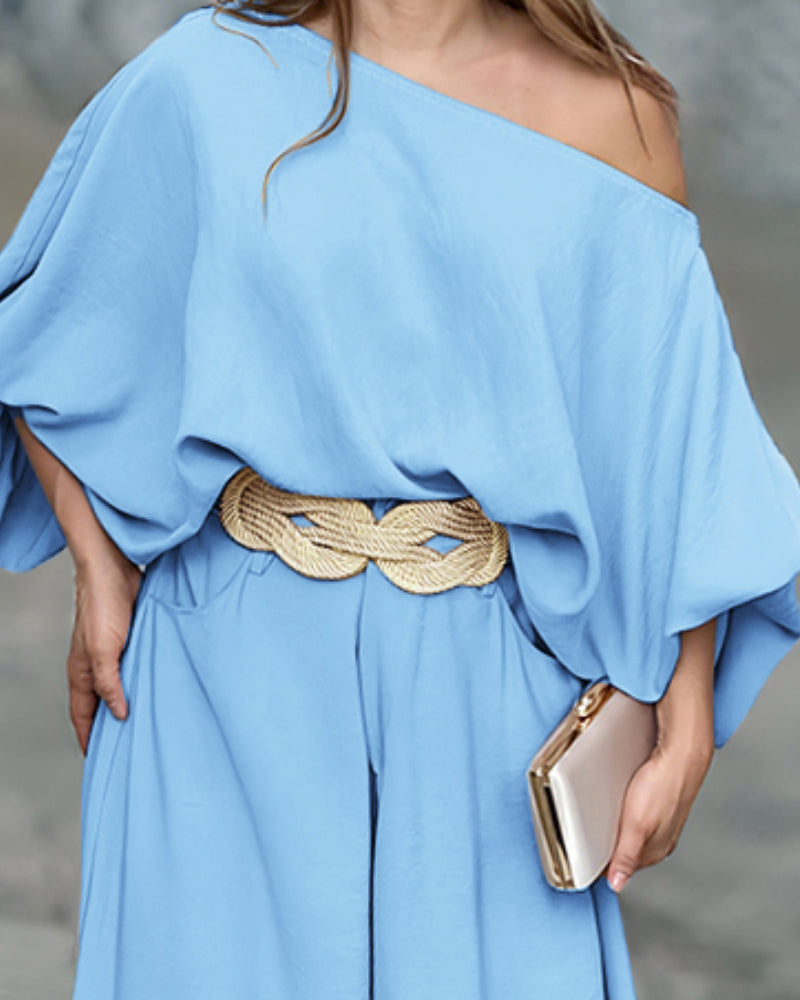 2 Pieces Outfit Turn-down Coll  Long Sleeve Button Front Satin  Shirt and Casual Vintage Floral  Print Elastic Back Waist Wide Leg  Pants Set without Belt