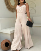 Pleated Design V Neck Adjustable Spaghetti Straps Cinched Waist Overalls Casual Pleated Flared Jumpsuit
